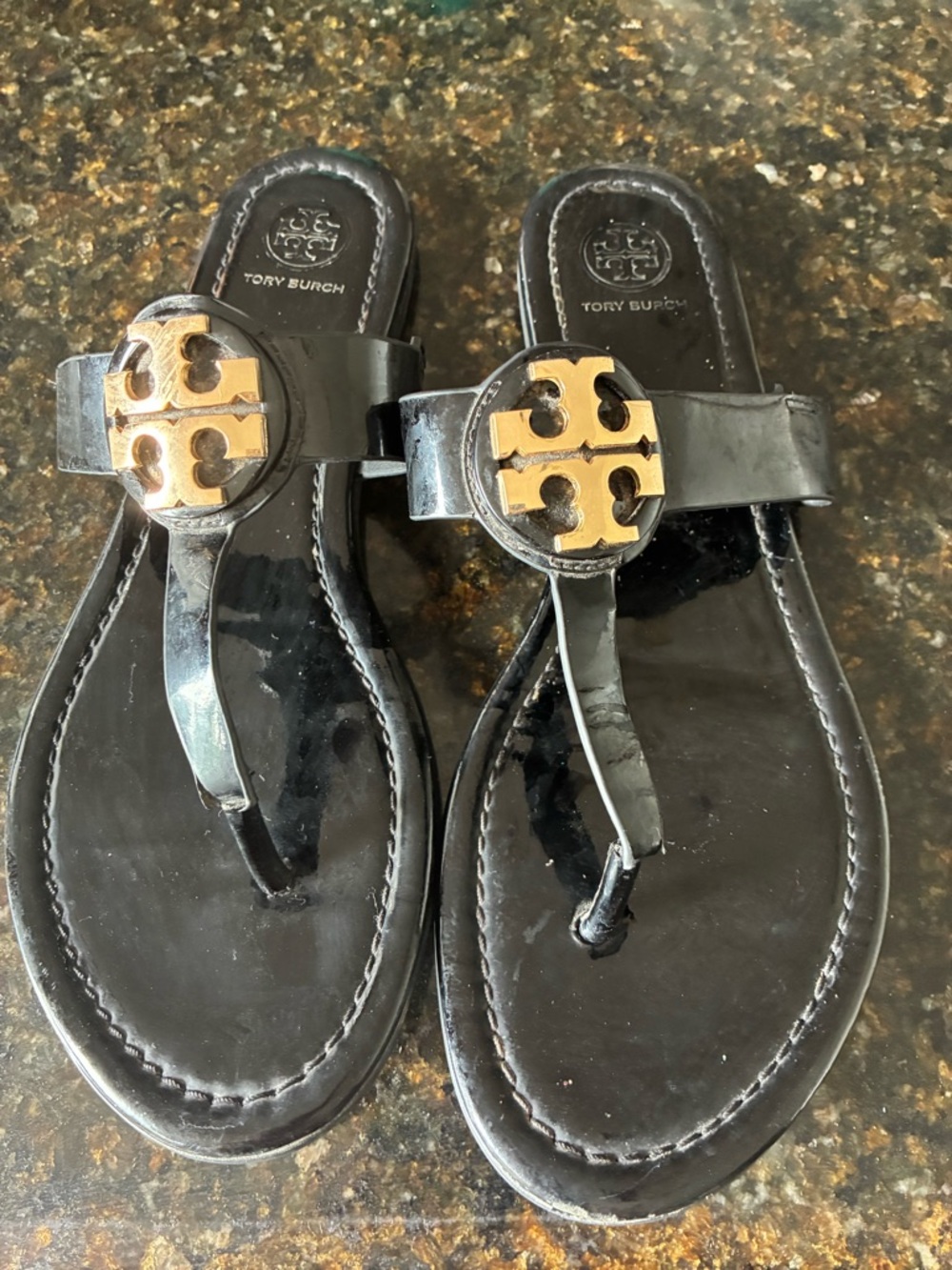 Tory Burch Black Patent Thong Sandals with Silver Logo